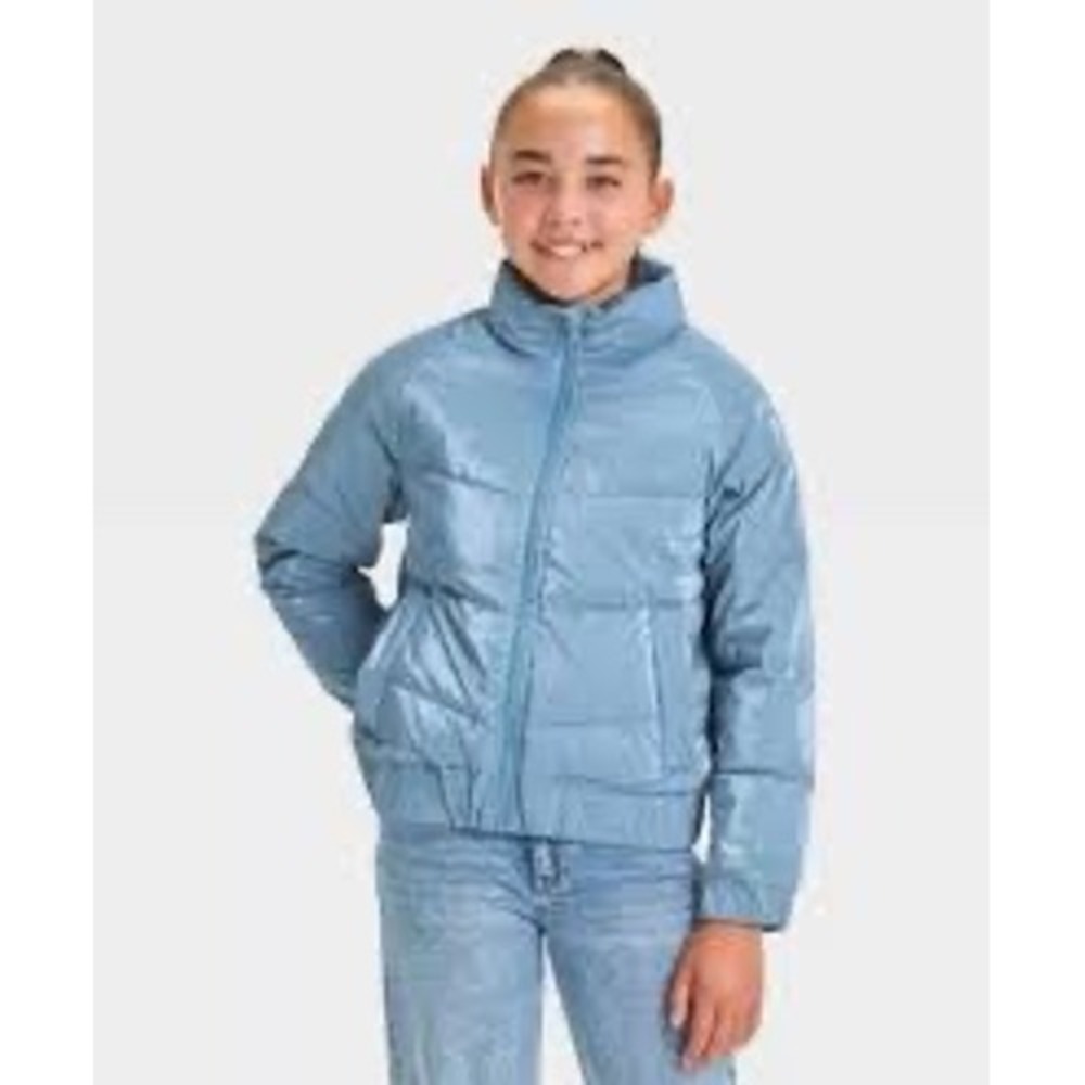 Art Class Girls Blue Shiny Puffer Jacket XL 14 High Shine Quilted Full Zip Coat